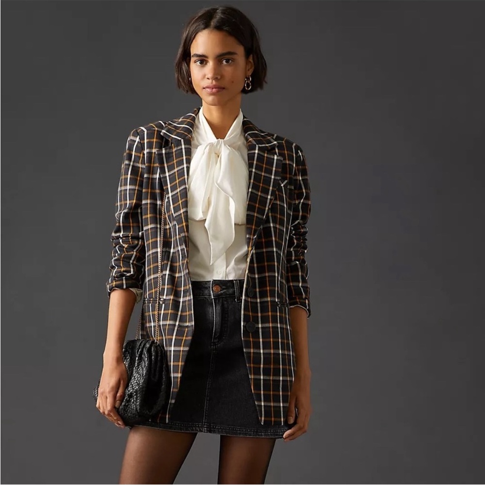 Anthropologie Maeve Checkered Blazer - Black, White, yellow